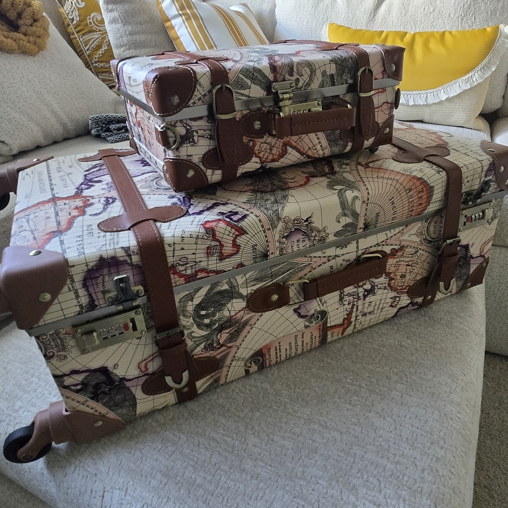 Vintage Map Print Luggage Set with Brown Accents. Comes with protective covers.